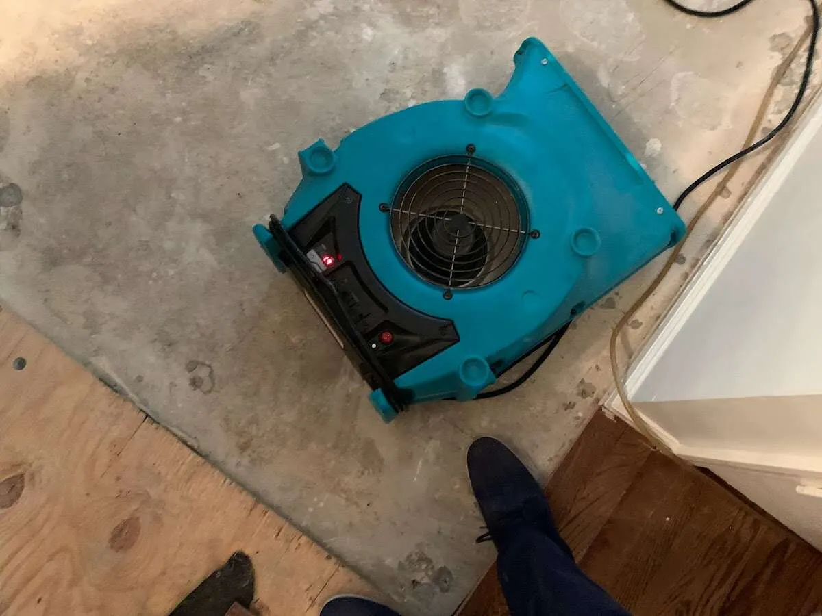 Air mover drying subfloor during Commercial Water Damage Restoration in Berkeley